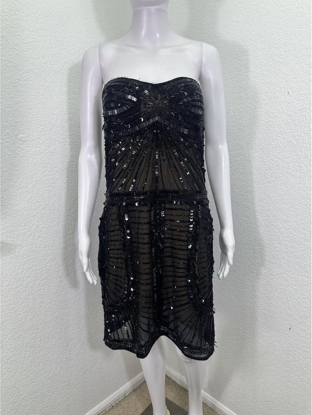 Sz L Sovage Black Beaded Sequin Strapless Flapper Dress Art Deco Gothic - Picture 1 of 7